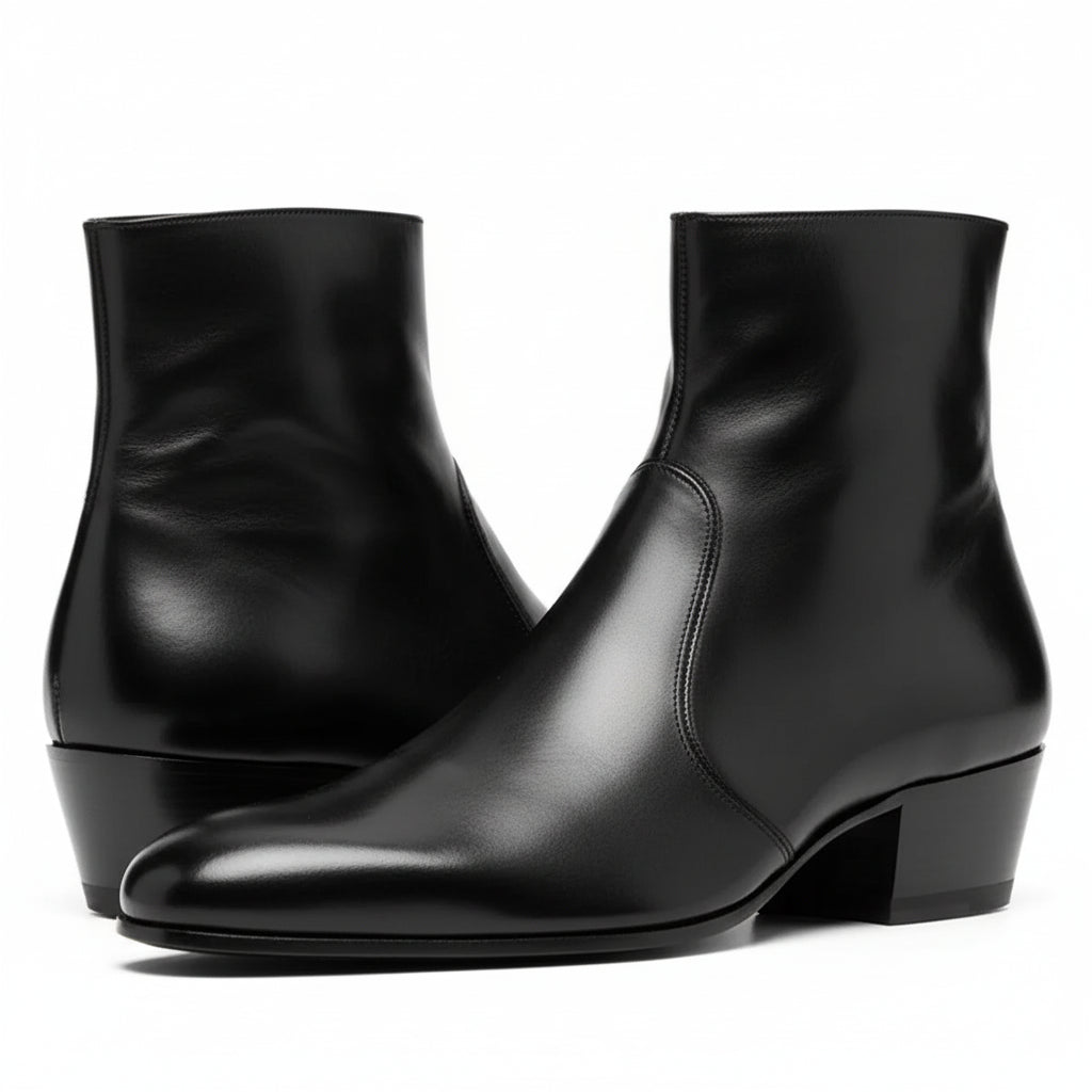 Men's Black Leather High Heel Dress Boots - three-quarter-view