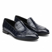 Handmade Mens Blue Alligators Shoes, Men Blue Crocodile Penny Loafer - three-quarter-view