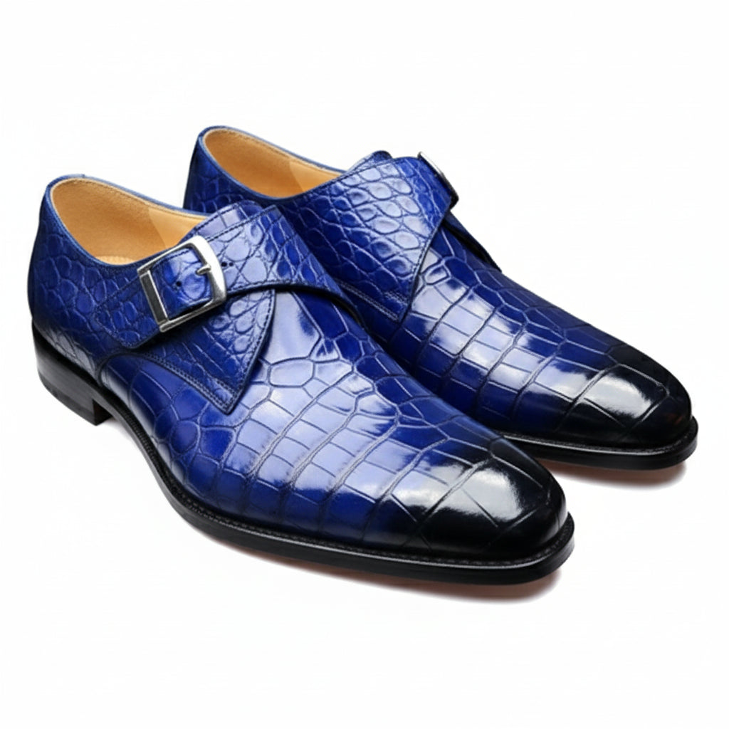 Handmade Mens Blue Crocodile Embossed Monk Shoes, Men Blue Dress Shoes - three-quarter-view