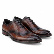 Men's Brown Leather Crocodile-Pattern Oxfords - three-quarter-view
