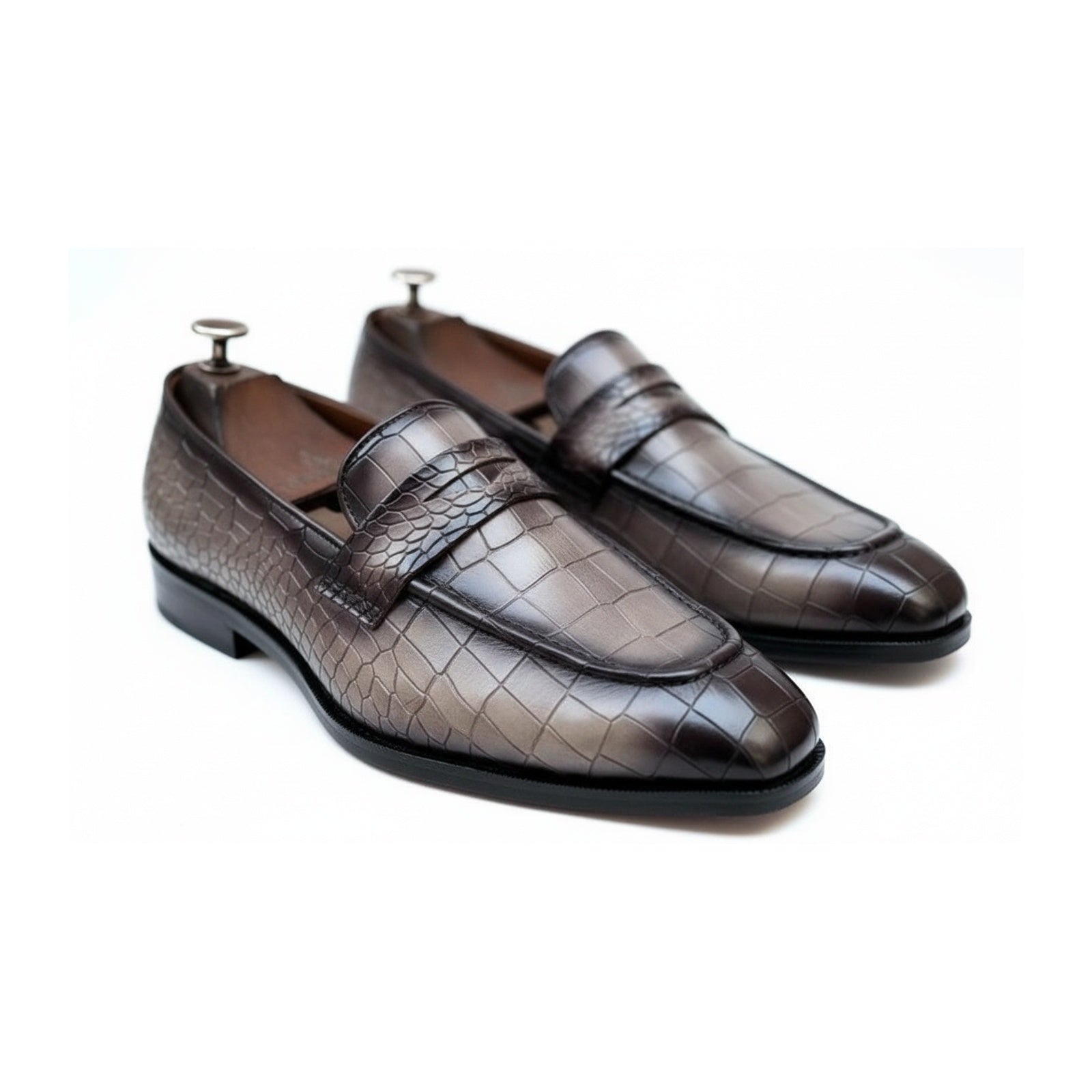 Men's Gray Crocodile Leather Moccasin Dress Shoes - three-quarter-view