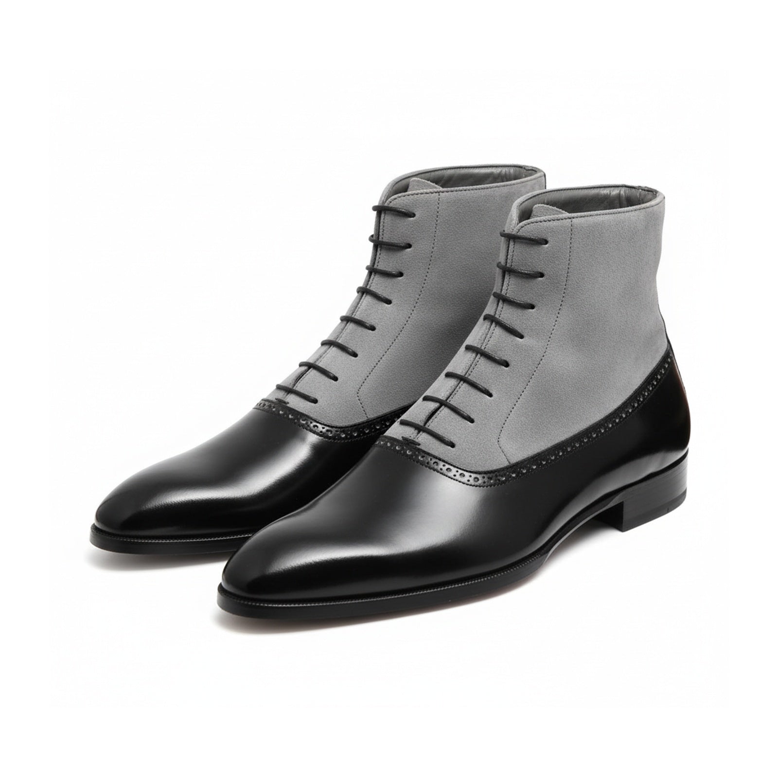 Handmade Mens Fashion Gray and Black Akle Boots, Men Suede Leather Boots - three-quarter-view