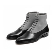 Handmade Mens Fashion Gray and Black Akle Boots, Men Suede Leather Boots - three-quarter-view