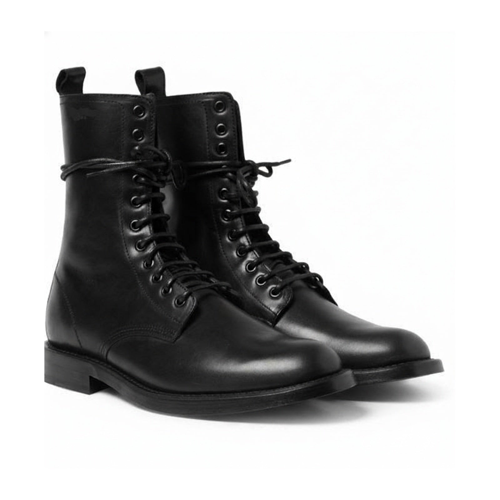Men's Black Genuine Leather Lace-Up Combat Boots - three