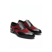 Handmade Mens Oxford Wing Tip Suede and Calf Leather Black and Red - three-quarter-view