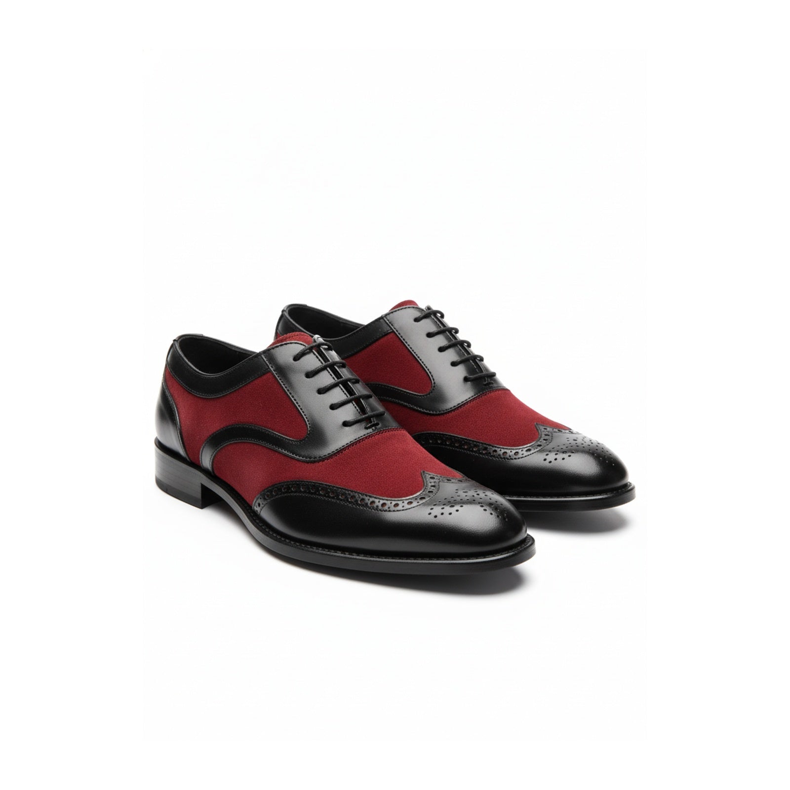 Handmade Mens Oxford Wing Tip Suede and Calf Leather Black and Red - three-quarter-view