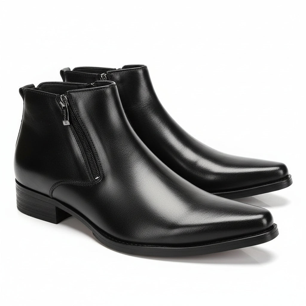 Handmade Mens Pointed Toe Boots, Men Black Zipper Ankle Boot, Fashion - three-quarter-view