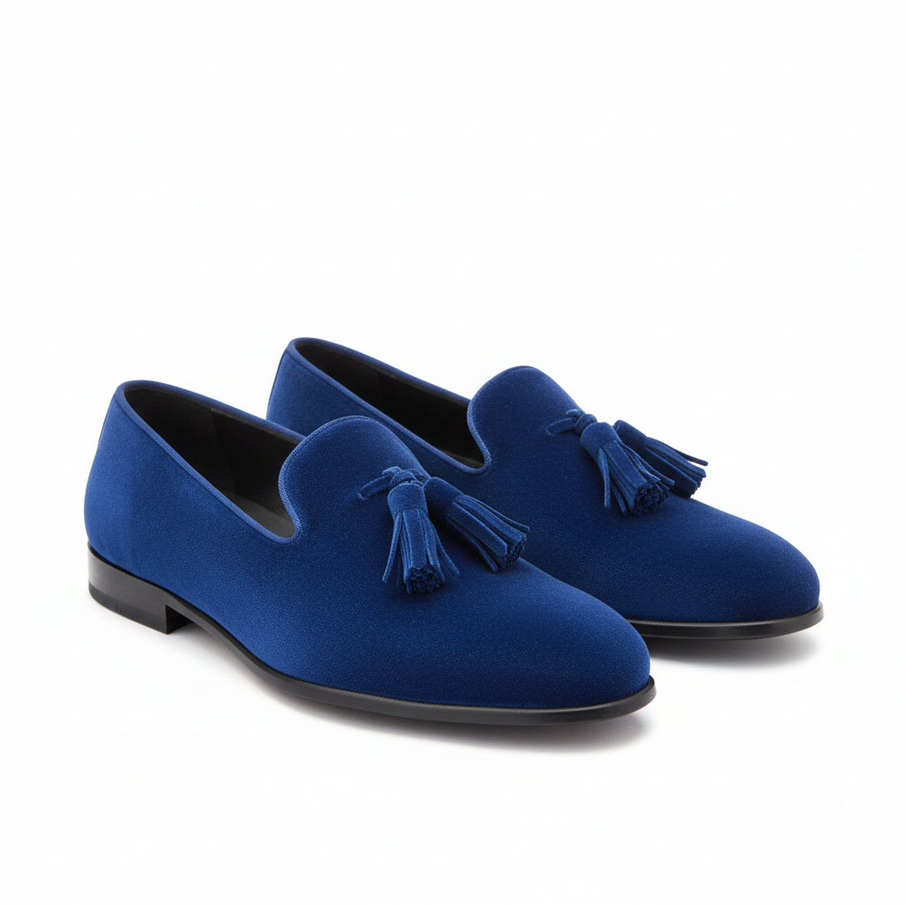 Handmade Mens Royal Blue Tassels Loafer Velvet Shoes, Men Blue Velvet Shoes - three-quarter-view