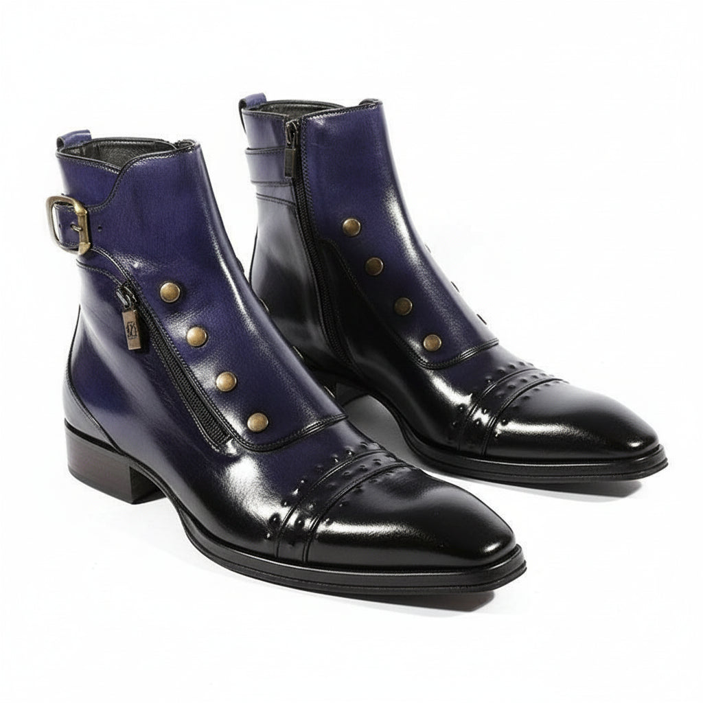 High Ankle Leather Boots with Blue Side Zipper - three-quarter-view