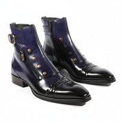 High Ankle Leather Boots with Blue Side Zipper - three-quarter-view