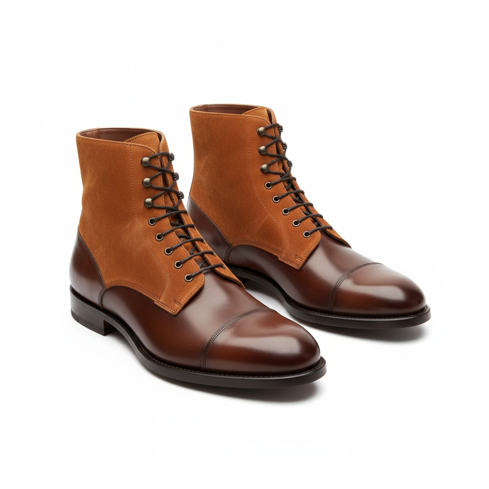 three-quarter-view - Lace-up Ankle Boots | Brown Leather & Tan Suede