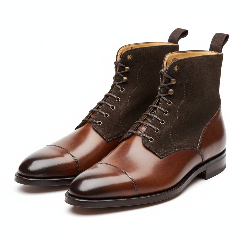 Men Brown Suede and Leather Lace Up Boots, Mens Fashion Leather Boots - three-quarter-view