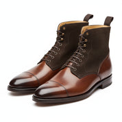 Men Brown Suede and Leather Lace Up Boots, Mens Fashion Leather Boots - three-quarter-view
