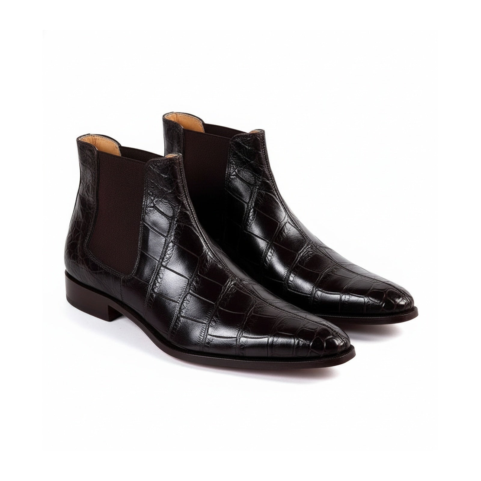 Men Crocodile Boots, Dark Brown Crocodile Texture Boots, Mens Boot - three-quarter-view