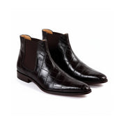 Men Crocodile Boots, Dark Brown Crocodile Texture Boots, Mens Boot - three-quarter-view