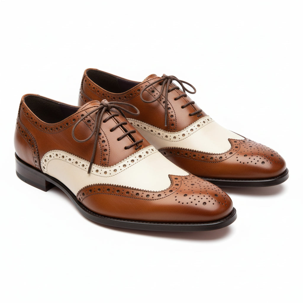 Men Spectator Shoes, Two Tone Shoes, Brown and White Formal Shoes, - three-quarter-view