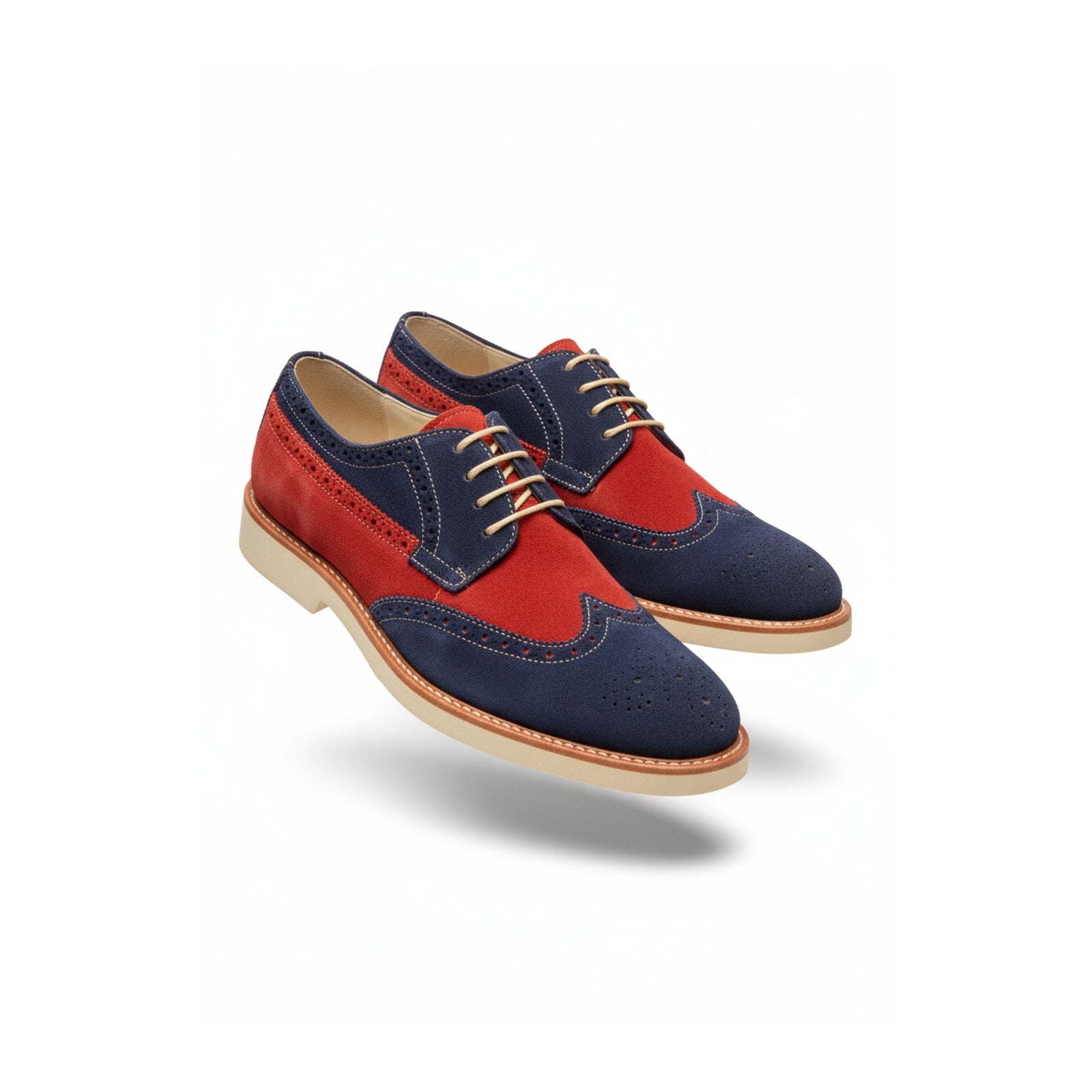 Men Two Tone Suede Leather Shoes, Derby Red and Navy Crepe Sole Shoes - three-quarter-view