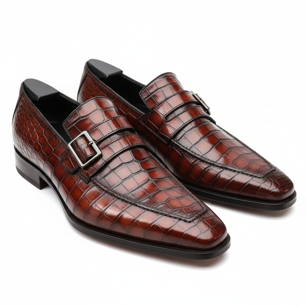 Men's Alligator Embossed Leather Moccasins - three-quarter-view