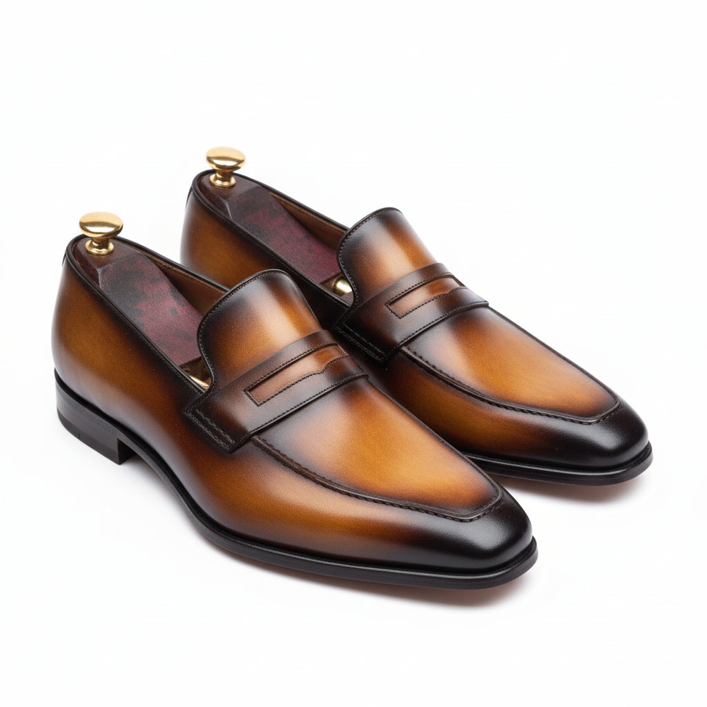 Men's Almond Toe Moccasin Dress Shoes in Tan and Black Leather - three-quarter-view