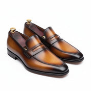 Men's Almond Toe Moccasin Dress Shoes in Tan and Black Leather - three-quarter-view