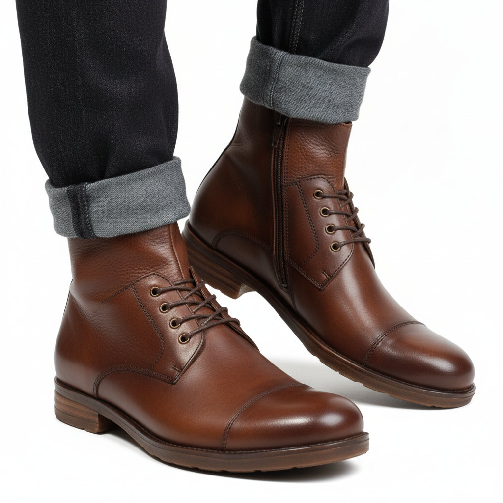 Men's Antique Brown Leather Ankle Boots with Side Zipper - three-quarter-view