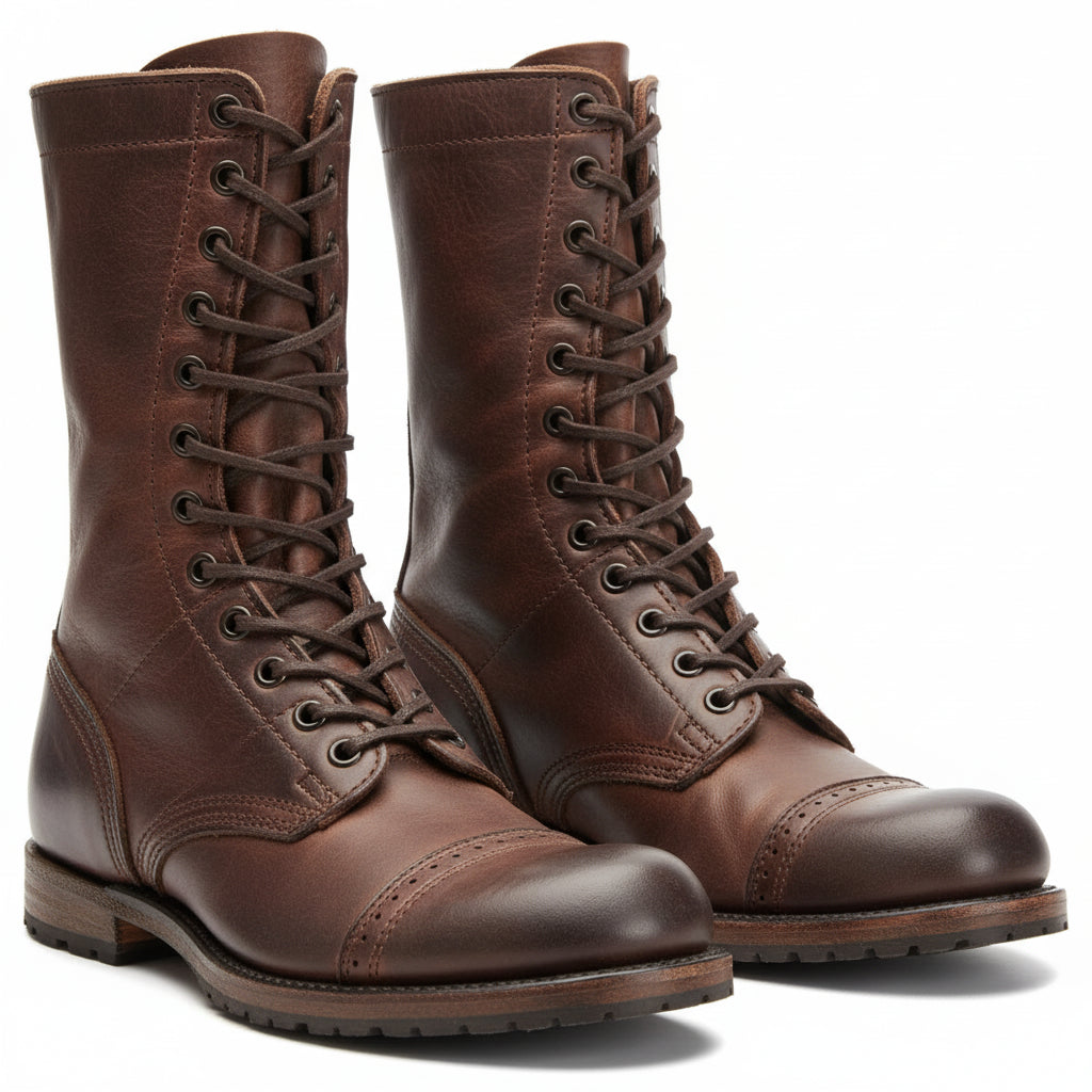 Men's Antique Brown Leather High Ankle Biker Boots - three-quarter-view