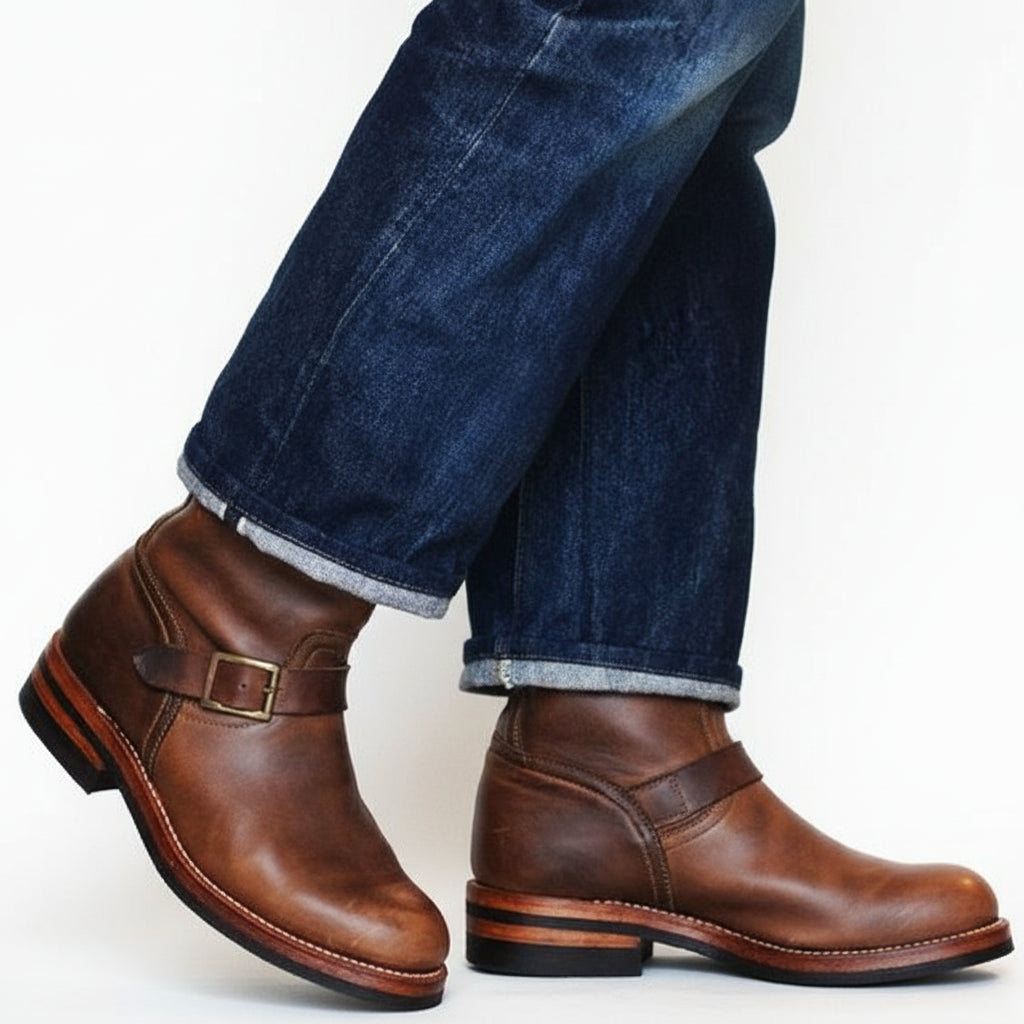 Men's Antique Brown Leather Motorcycle Boots - three-quarter-view
