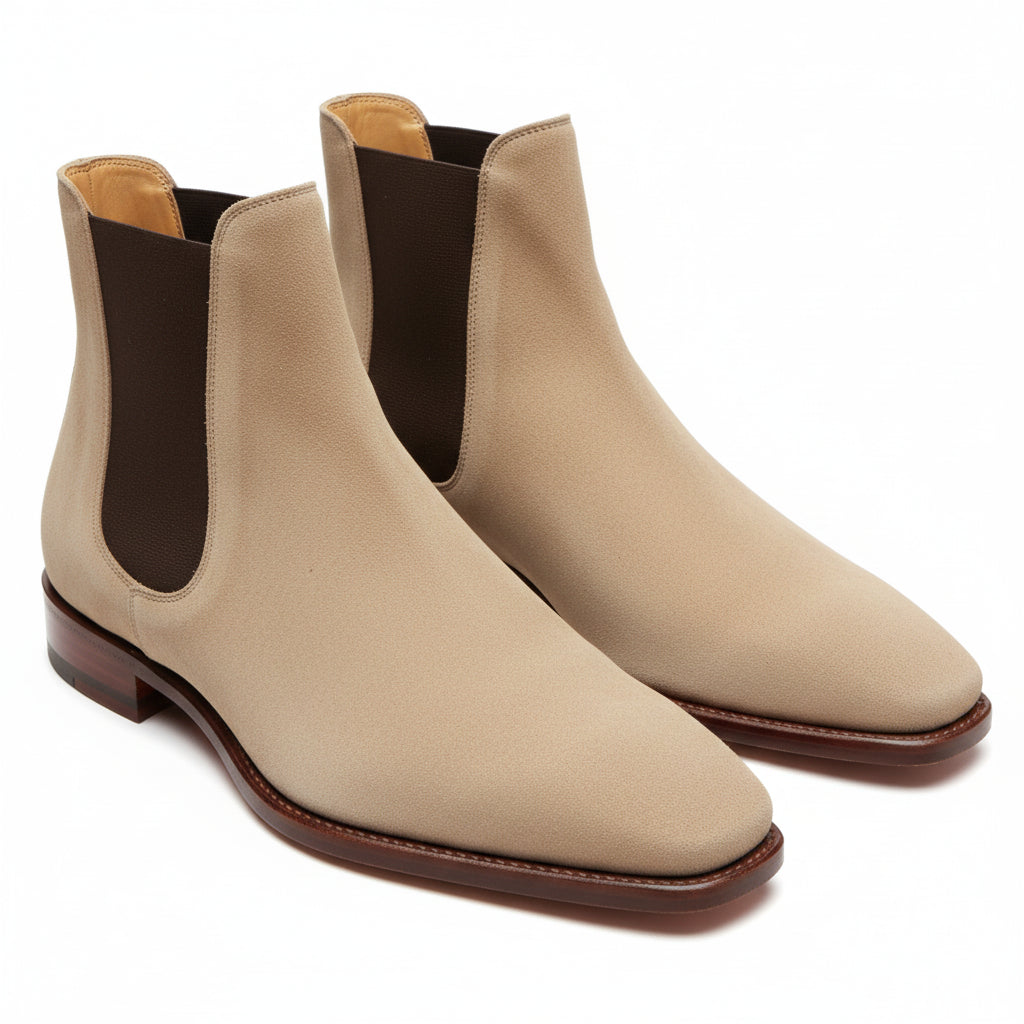 Men's Beige Suede Chelsea Ankle Boots - three-quarter-view