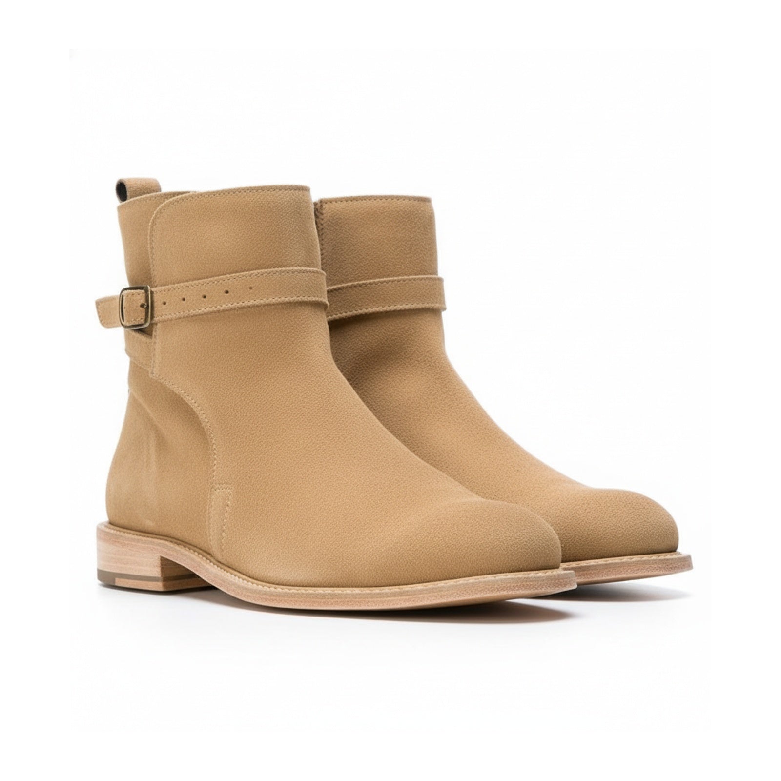 Men's Beige Suede Jodhpur Ankle Boots - Handmade Luxury Footwear - three-quarter-view