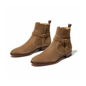 three-quarter-view - Men's Beige Suede Jodhpurs Boots with Monk Strap Closure