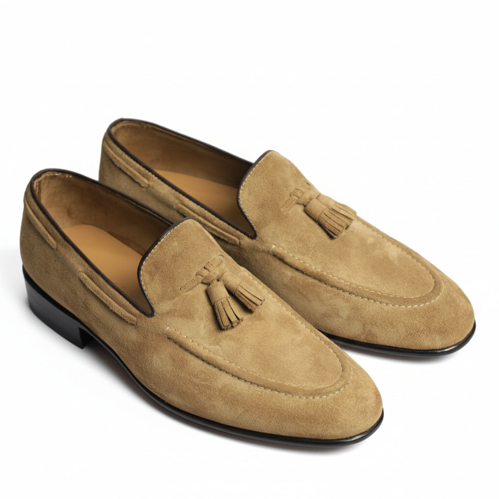Men's Beige Suede Moccasins - three-quarter-view