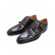 three-quarter-view - Men's Black Alligator Texture Monk Shoes with Buckle