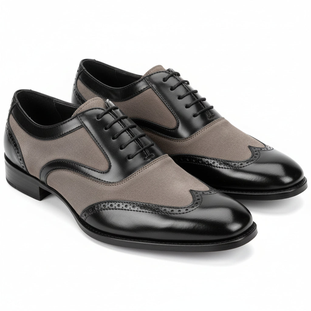 Men's Black and Gray Wingtip Brogue Tuxedo Dress Shoes - three-quarter-view