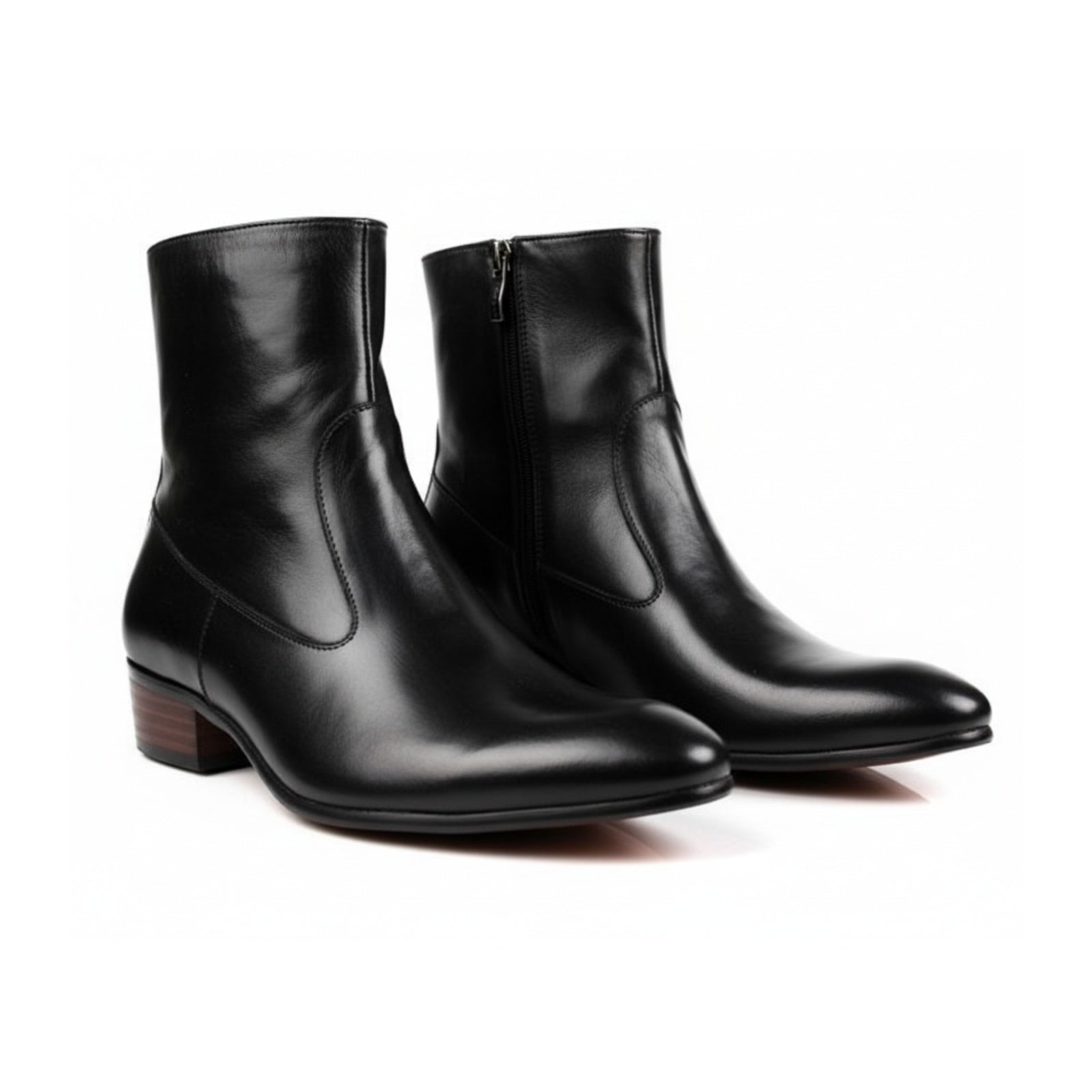 Men's Black Ankle Leather Boots with Side Zipper - three-quarter-view