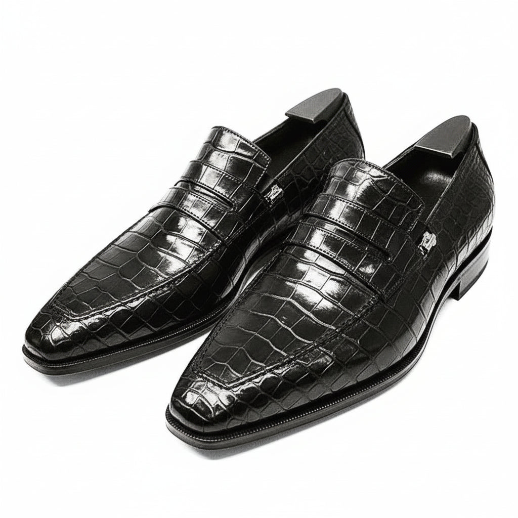 Men's Black Crocodile Embossed Leather Moccasins - three-quarter-view