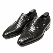 Men's Black Crocodile Embossed Leather Moccasins - three-quarter-view
