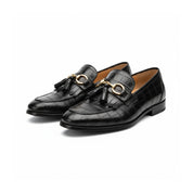 three-quarter-view - Men's Black Crocodile Leather Fringe Moccasins