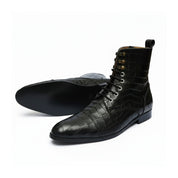 three-quarter-view - Men's Black Crocodile Leather Lace-Up Boots