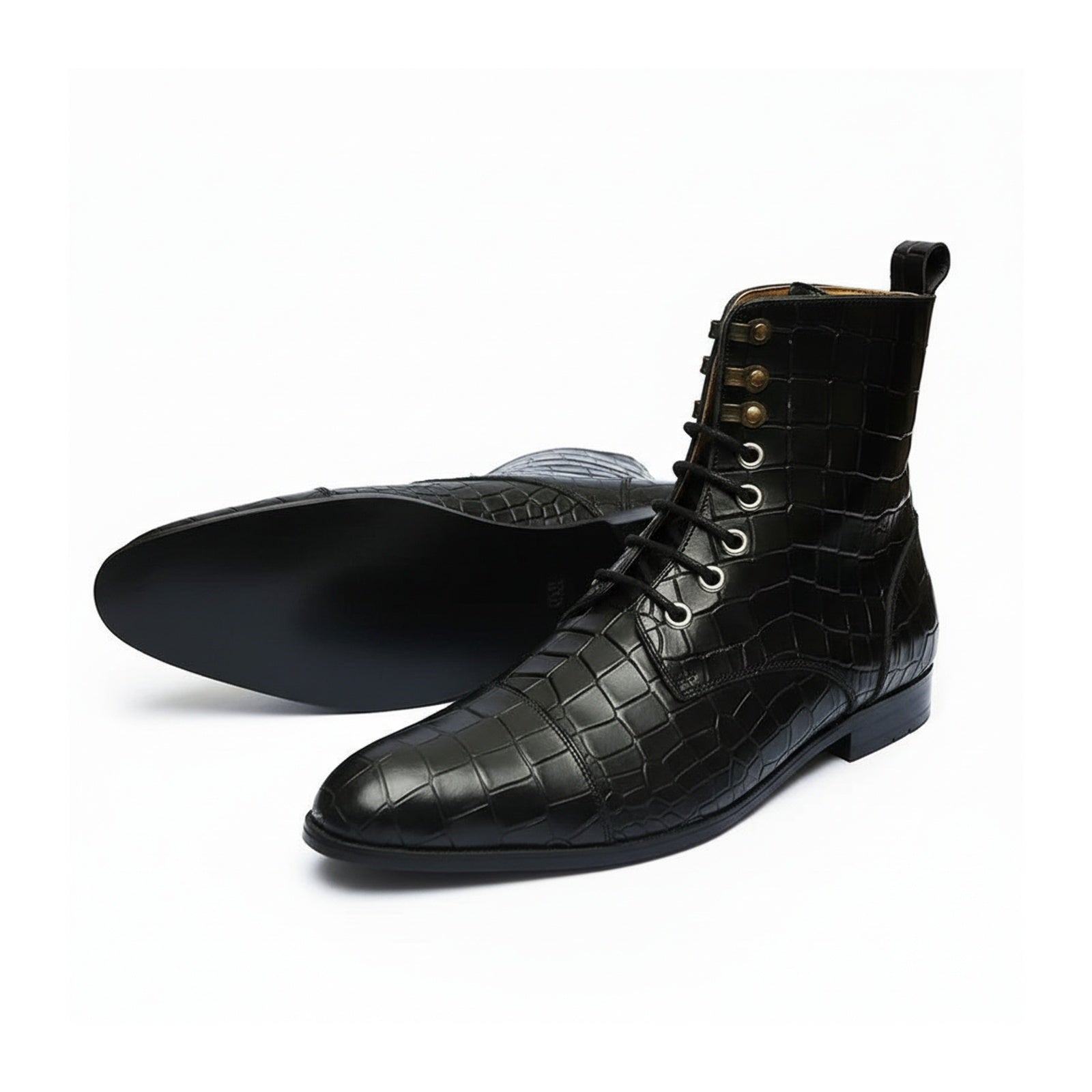 three-quarter-view - Men's Black Crocodile Leather Lace-Up Boots