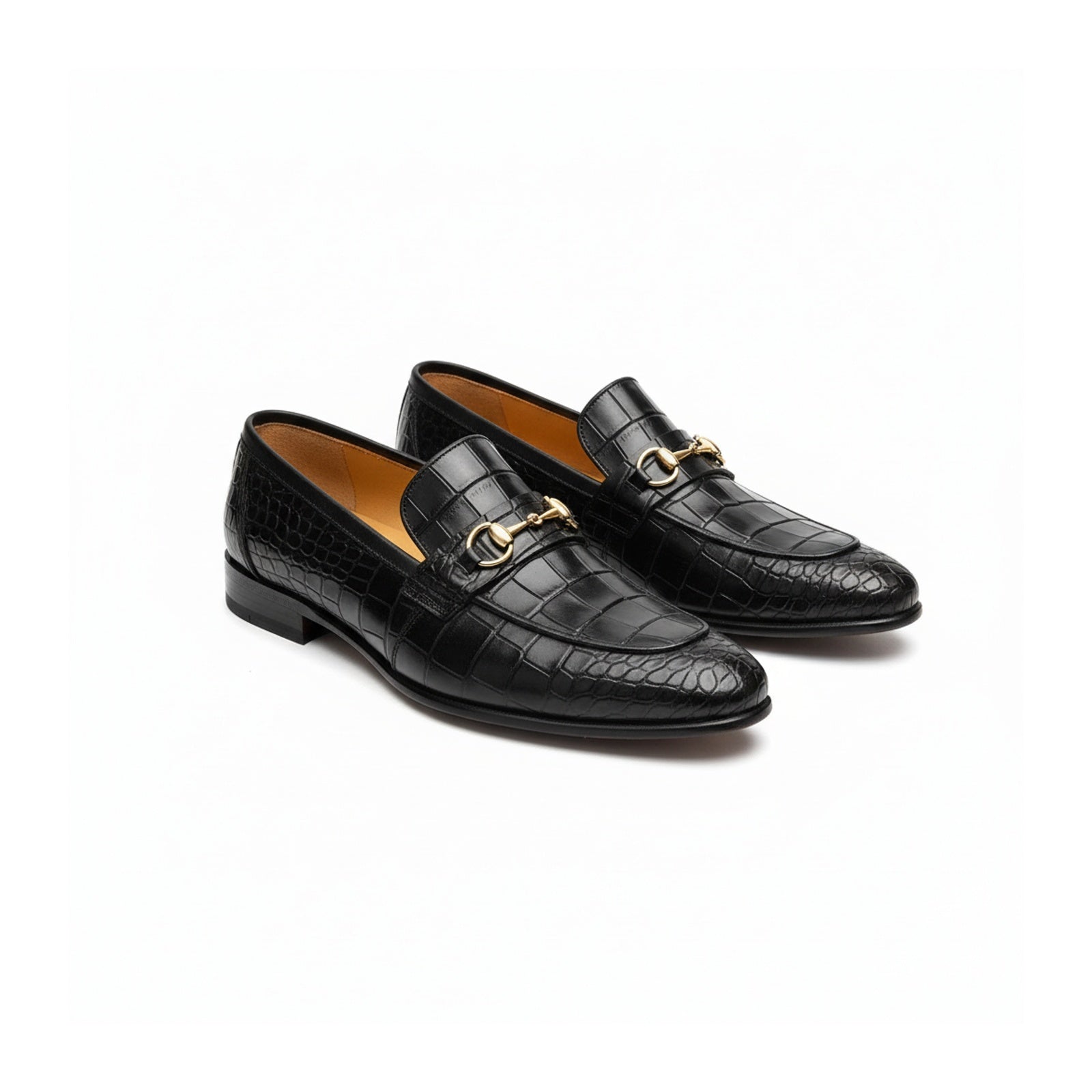 three-quarter-view - Men's Black Crocodile Leather Moccasin Loafers