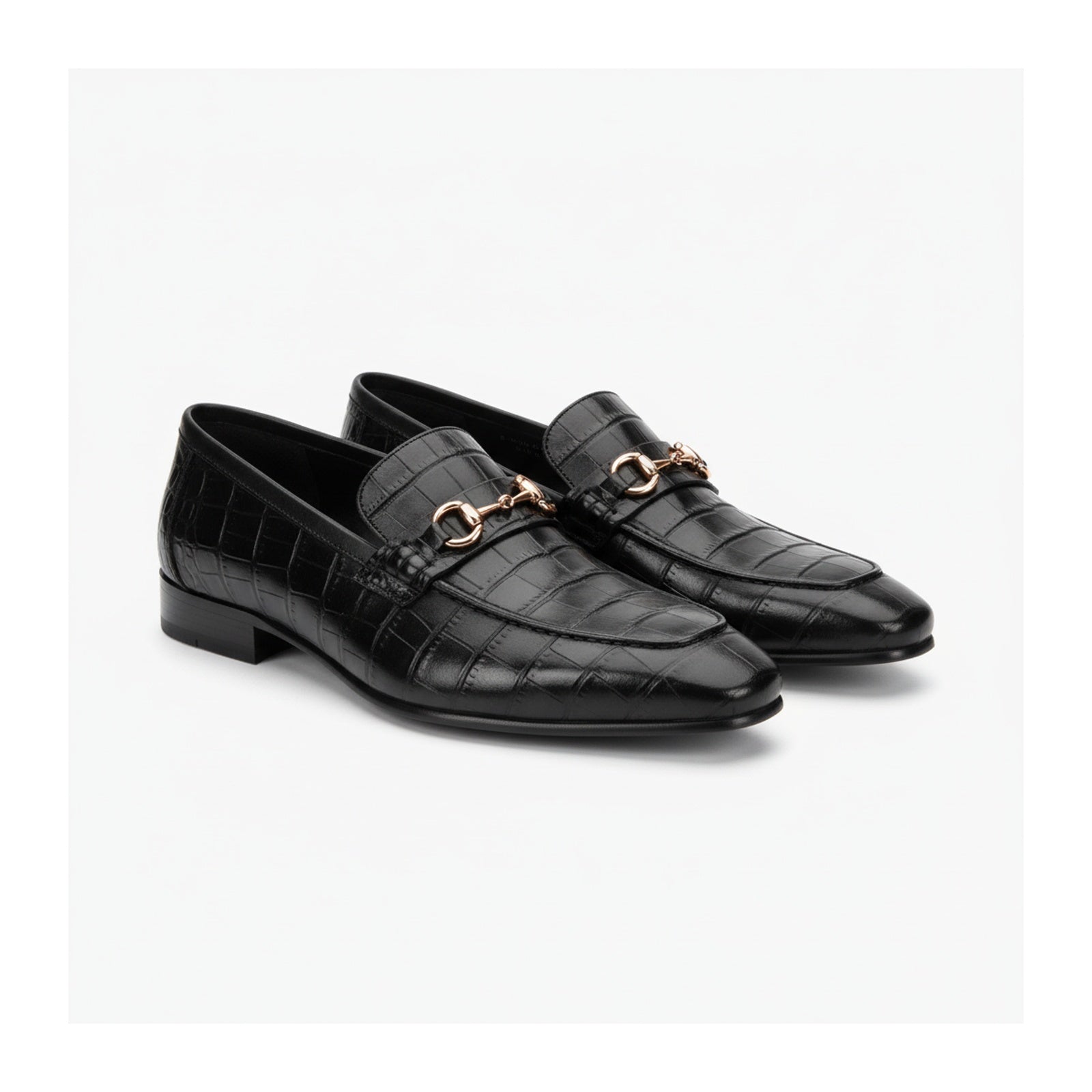three-quarter-view - Men's Black Crocodile Leather Moccasins