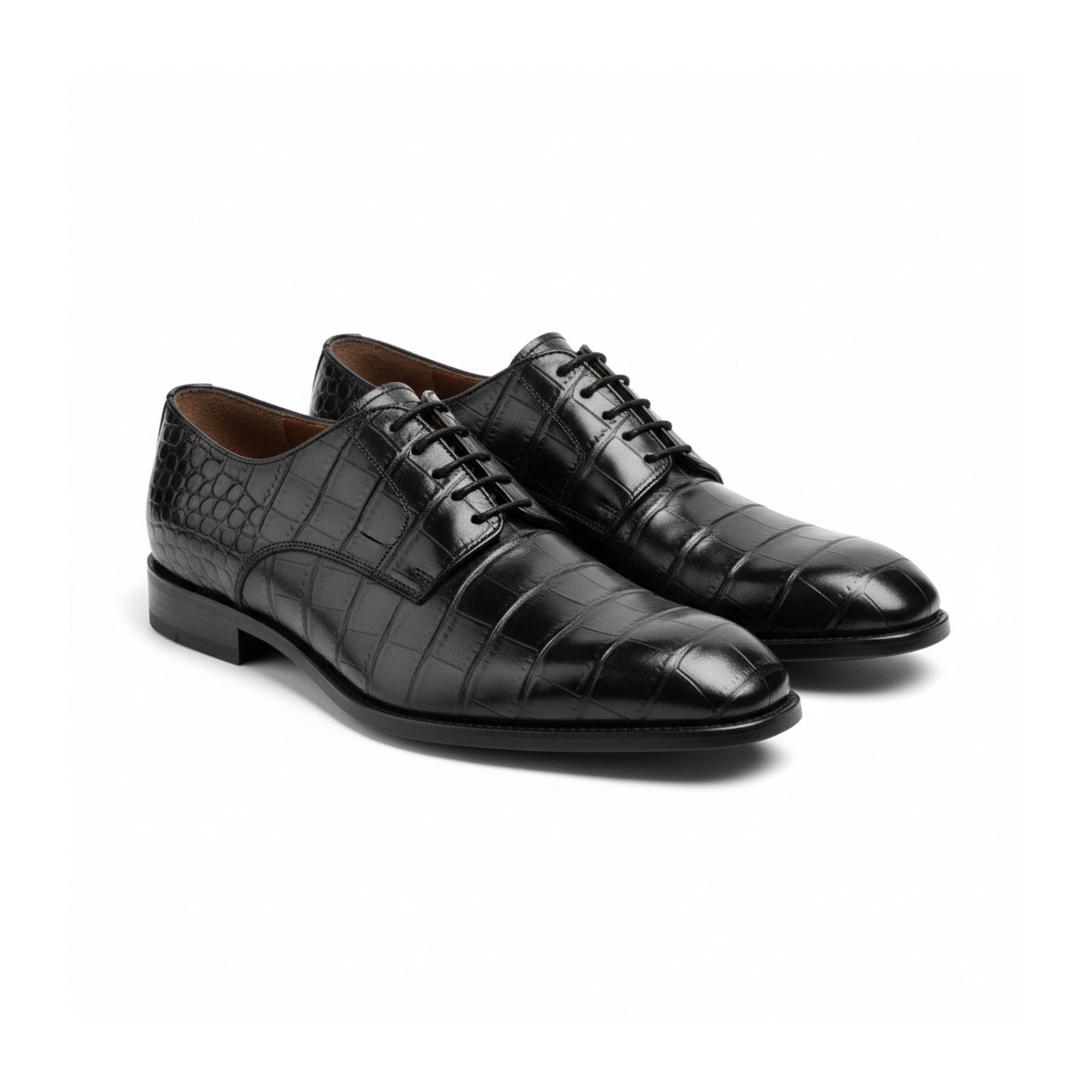 three-quarter-view - Men's Black Crocodile Leather Oxford Shoes