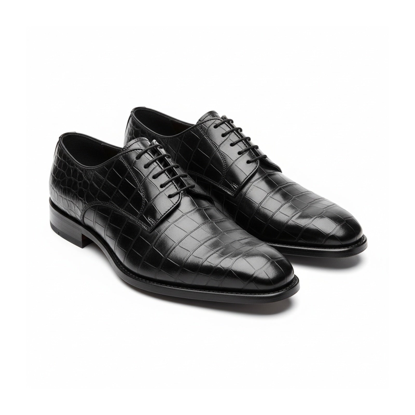 three-quarter-view - Men's Black Crocodile Patterned Leather Oxfords