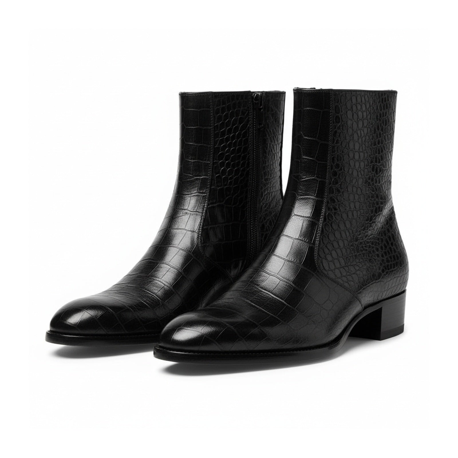 three-quarter-view - Men's Black Crocodile Zipper Leather Boots