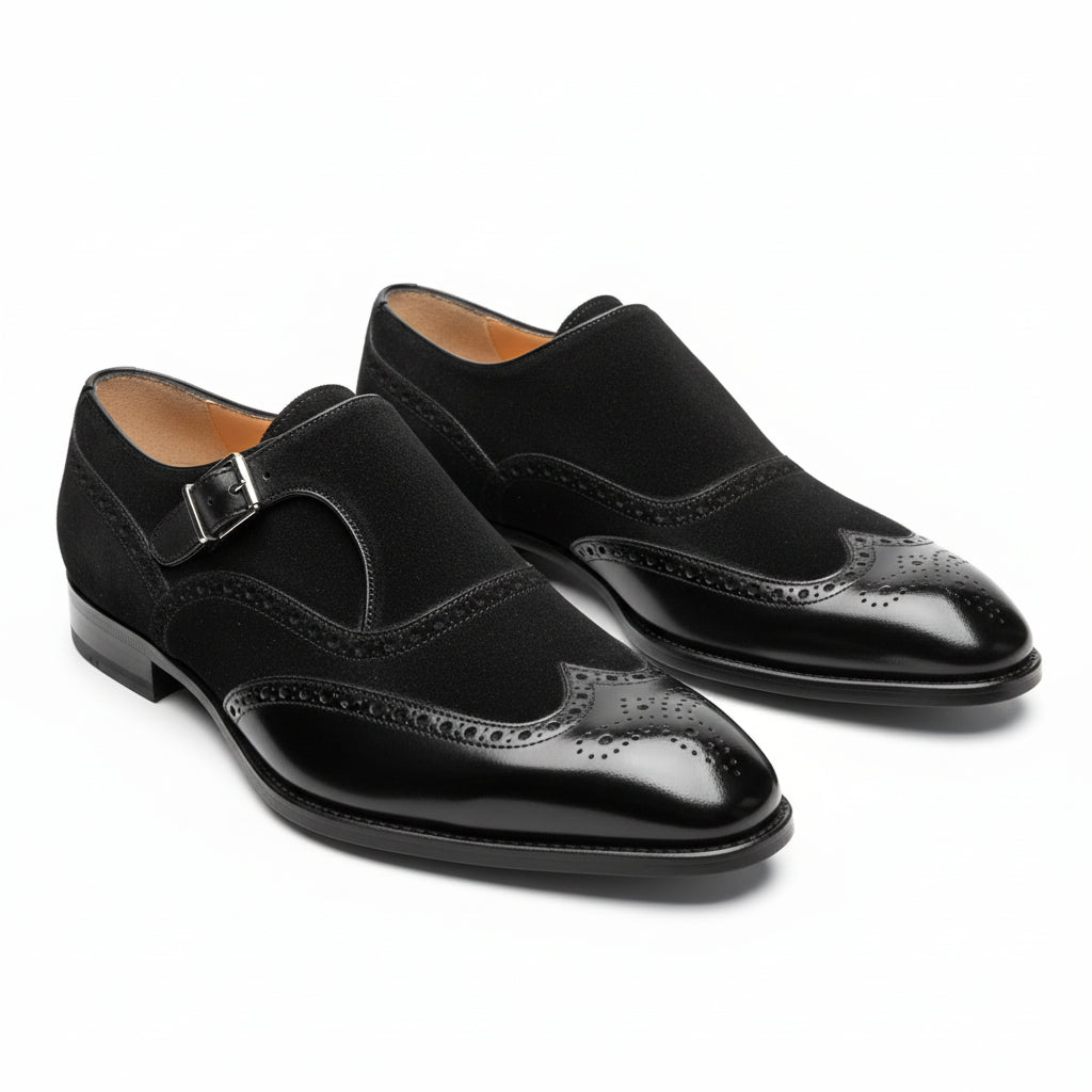 Men's Black Double-Buckle Monk Strap Leather and Suede Shoes - three-quarter-view