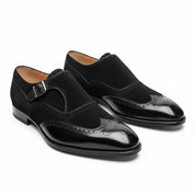 Men's Black Double-Buckle Monk Strap Leather and Suede Shoes - three-quarter-view