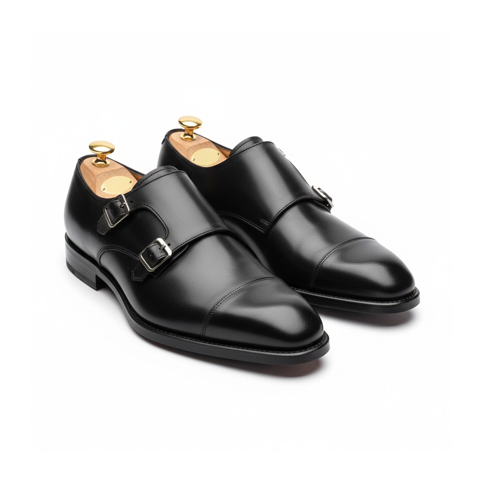three-quarter-view - Men's Black Double Monk Leather Dress Shoes