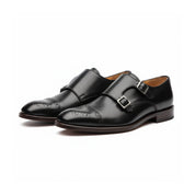 three-quarter-view - Men's Black Double Monk Strap Leather Shoes