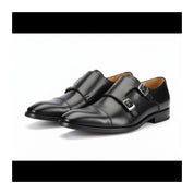 three-quarter-view - Men's Black Double Monk Strap Leather Shoes