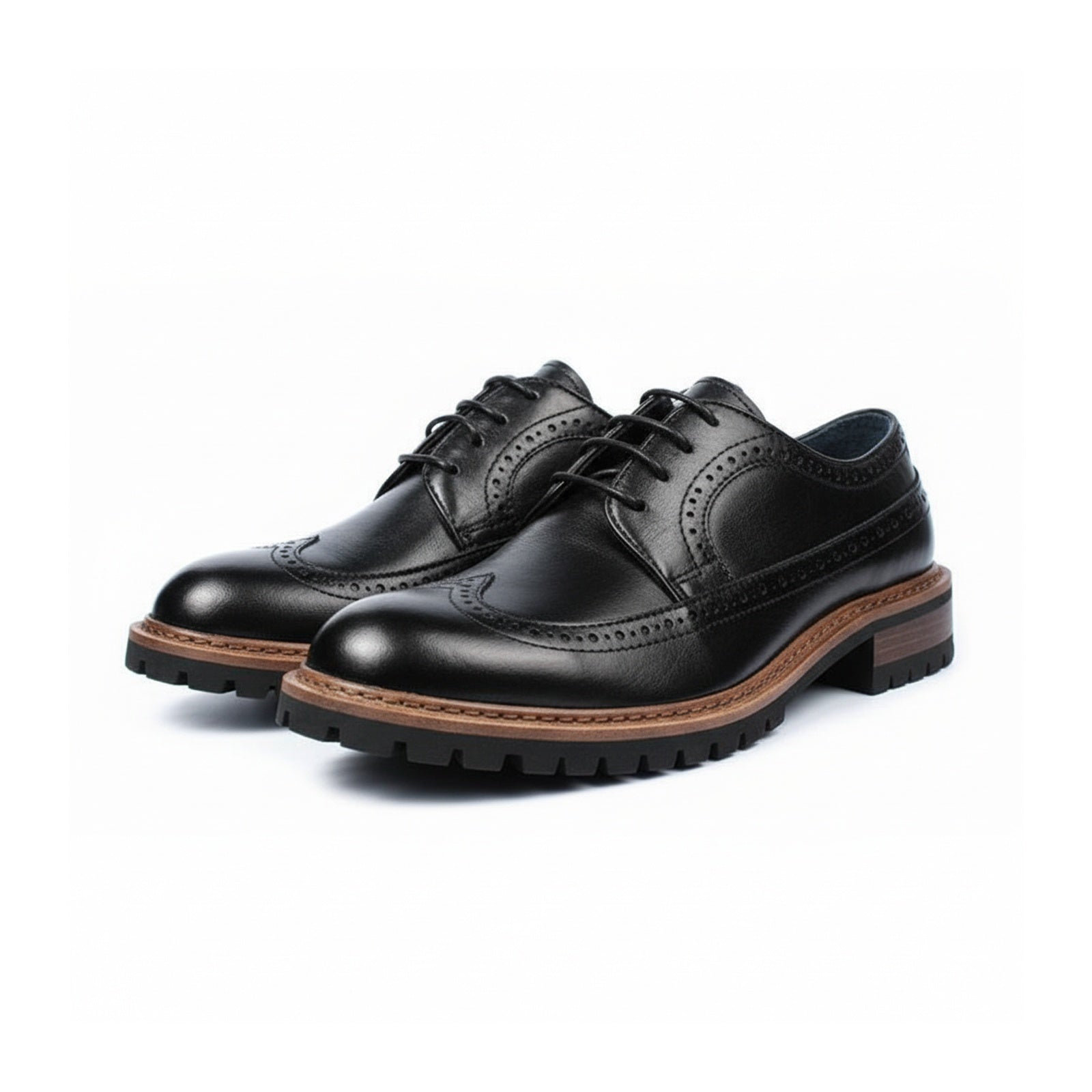 three-quarter-view - Men's Black Genuine Leather Brogue Dress Shoes